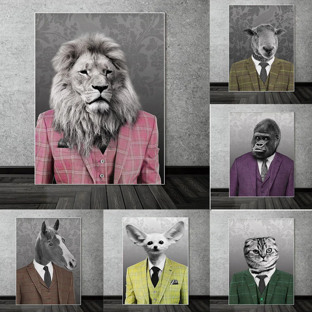 

Creativity Abstract Animal Canvas Poster Lion Orangutan Wearing Suit Print Wall Art Painting Home Living Room Decoration Mural