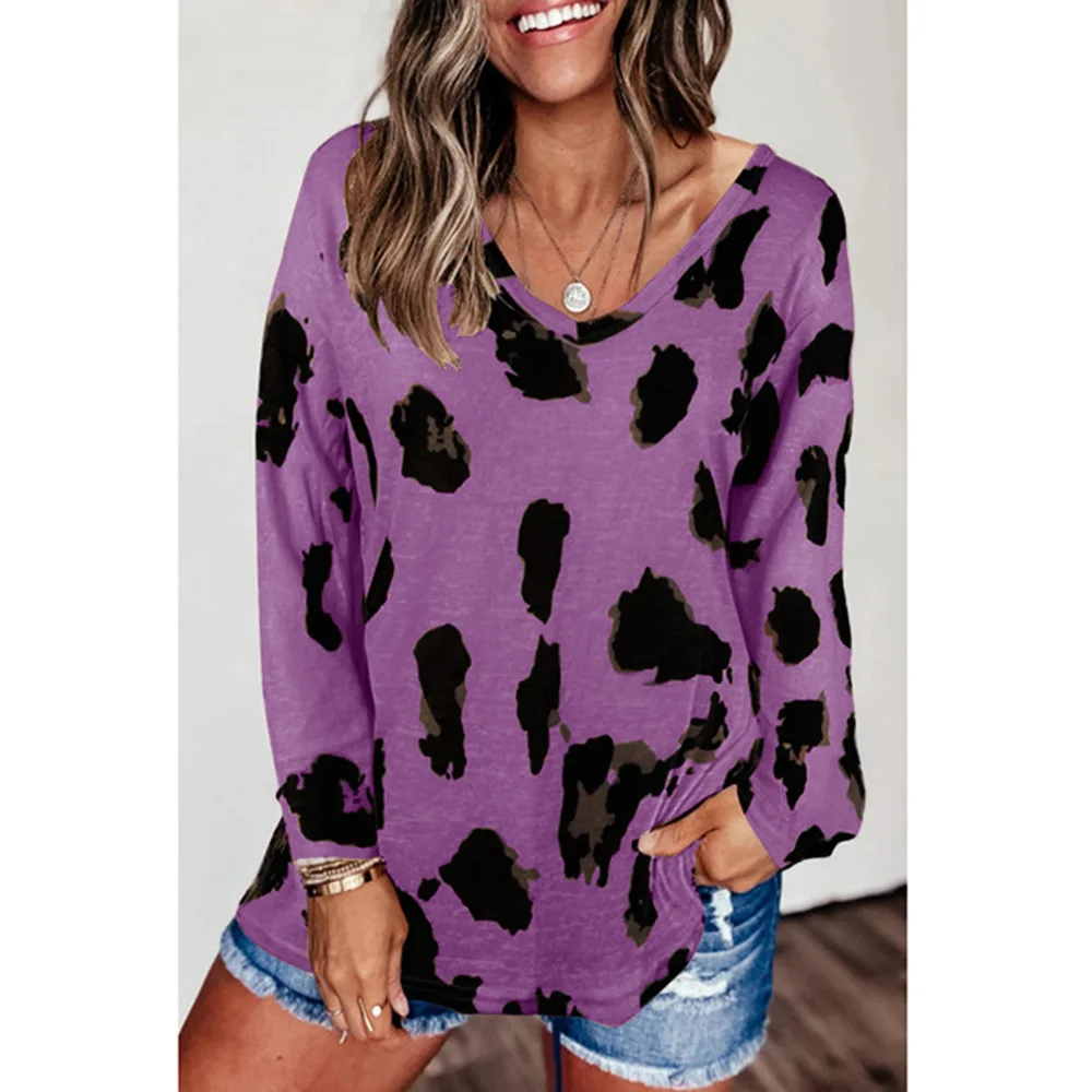 

Summer Leopard Print Loose T-shirt Women Casual Cotton Long-sleeve V-neck Tee-Shirts Female Tops Women 2020 New Fashion S-2XL
