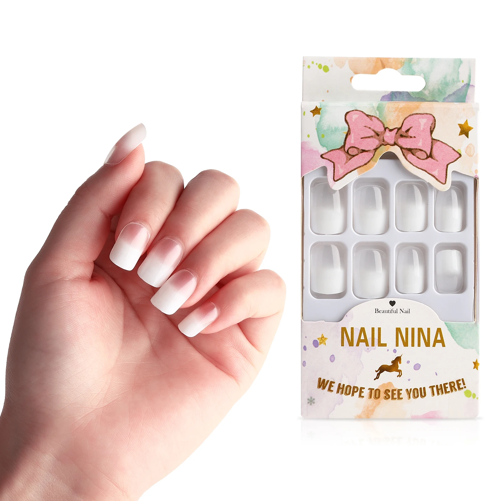 

24pcs/box Full Cover Fake Nail Artificial Press on French Clear White False Coffin Sticker Nails Art Tips Manicure Tool Nails