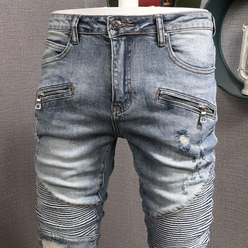 European American Street Fashion Men Jeans Elastic Destroyed Ripped Biker Jeans Men Slim Fit Designer Hip Hop Denim Punk Pants