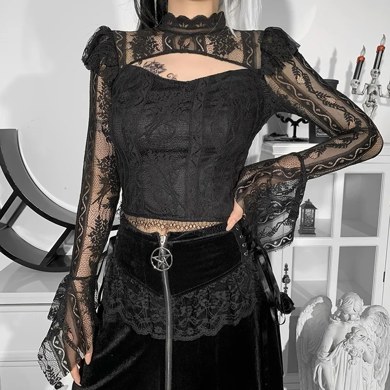 

Retro Black Tshirts Slim Gothic Lace Hollow Out Cute Women Streetwear Tops Long Sleeve Tee Shirt Y2k Cropped T-shirt Harajuku