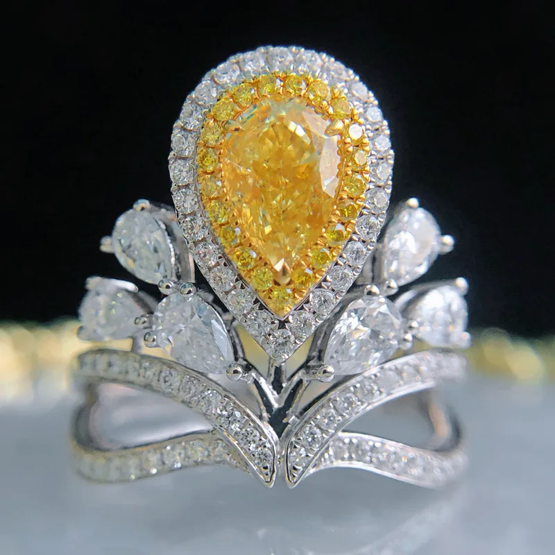 

New Luxury Crown Rings Inlay Water Drop Yellow Cubic Zirconia Europe America Fashion Jewelry For Women Wedding Engagement Party