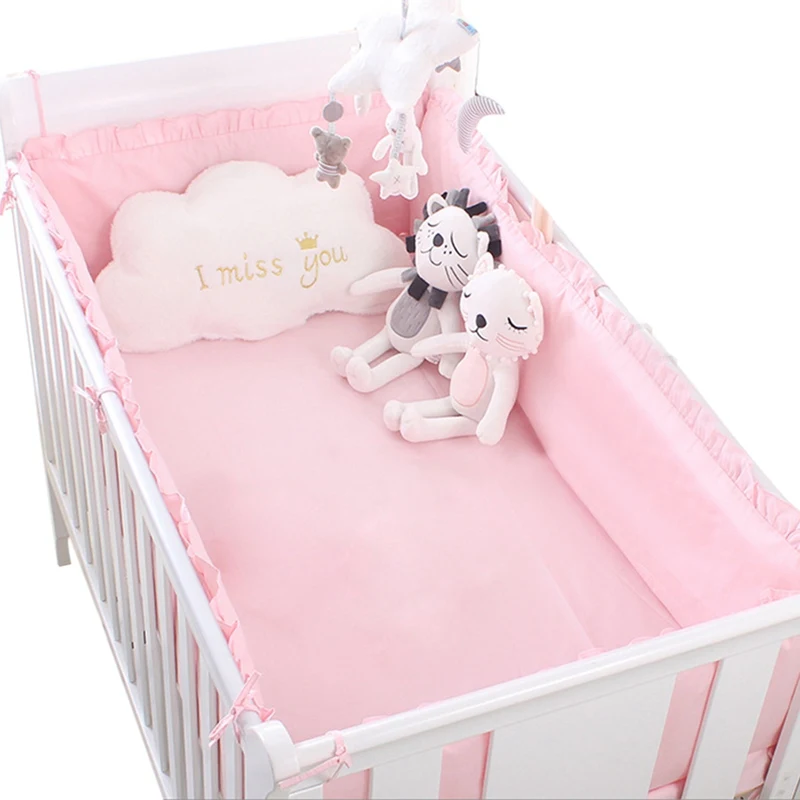 

4Pcs/Set Baby Crib Bumper Lace Edge Newborns Bed Bumpers Infant Bedding Soft Cotton Crib Around Cushion Cot Protector with Sheet