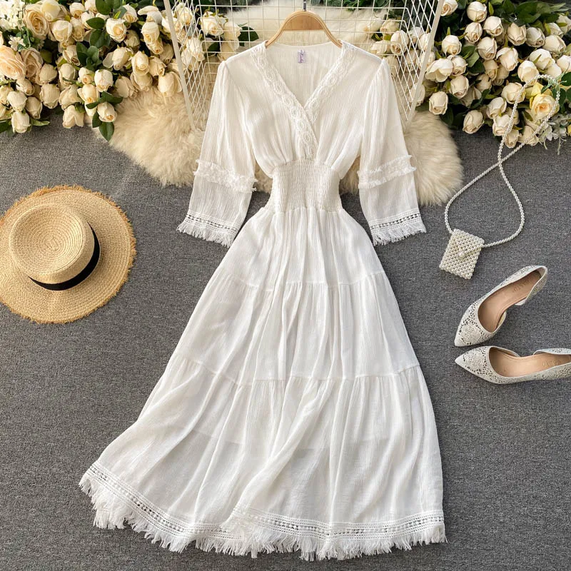

Spring Summer Vintage White Hollow Out Tassel Party Dress Women Elegant V-Neck Vacation Beach Vestidos Fashion New 2021 Female
