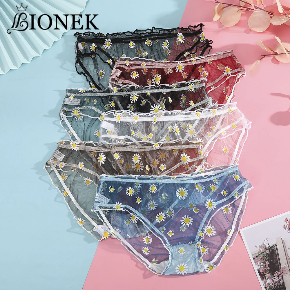 Милое Сетчатое женское нижнее белье BIONEK с принтом маргариток сексуальные