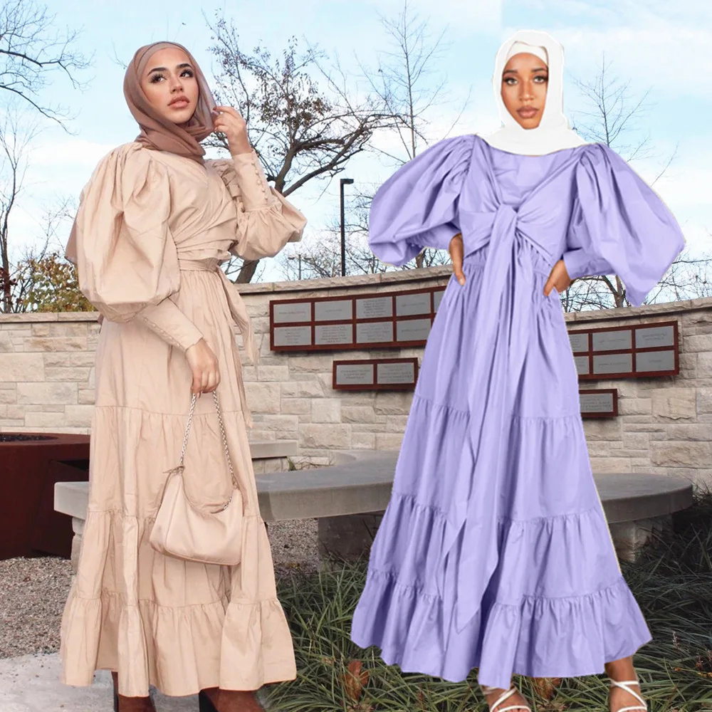 Имитация двух частей платье для женщин мусульманское с пышными рукавами химар абайя Дубай турецкие макси платья Kuftan хиджаб длинное платье ...