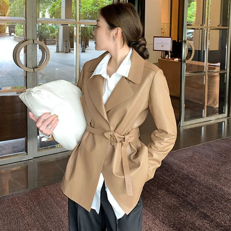 Women 2021 Spring New Female Office Real Leather Mid Length Jacket with Belt Fashion Sheath Temperament Khaki Sheepskin Coat