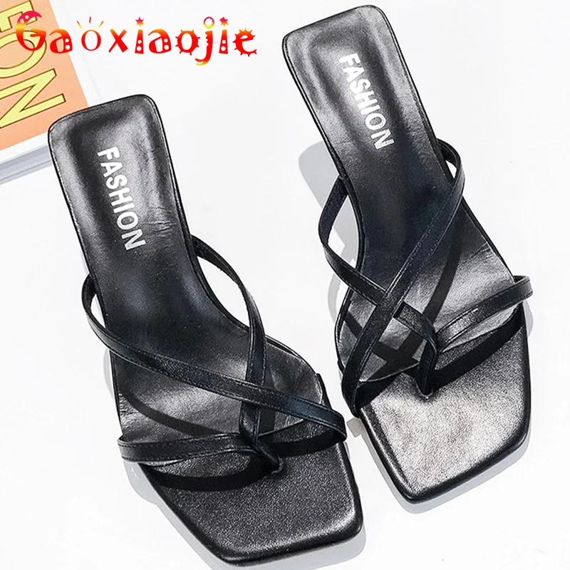 

Candy Color Korean One Word Strap Women Slipper Female Summer Square Head Sandals Sexy Fashion Party Stiletto High Heel Shoes
