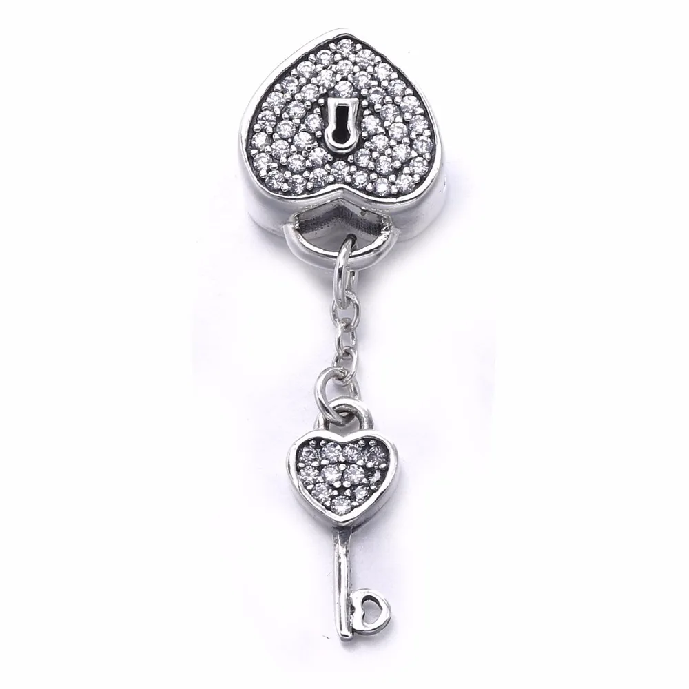 2017 подлинный 925 пробы серебряный замок и ключ сердце Висячие Подвески Pave CZ DIY