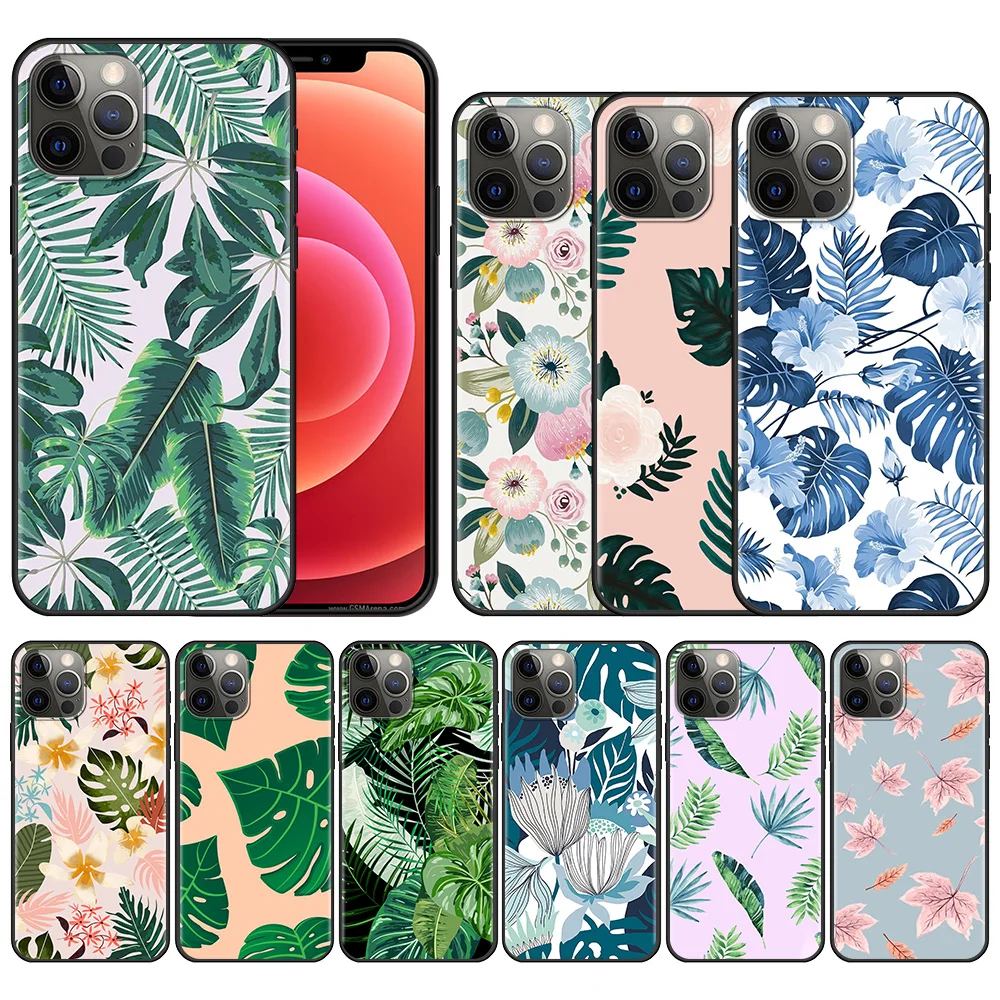 

Phone Case For iPhone 13 12 11 Pro Max 12 13 Mini X XR XS Max 6 6S 7 8 Plus 5 5S SE(2020) Silicone Fundas Luxury Flowers Leaves