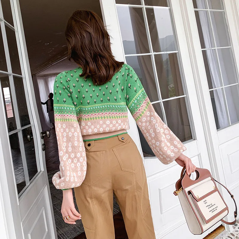 Женский жаккардовый вязаный укороченный свитер Осенний пуловер с люрексом и