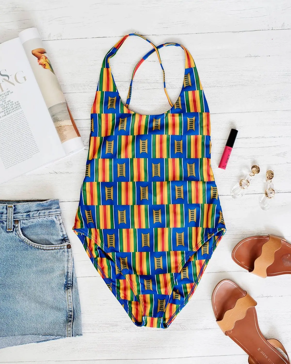 

2021 Summer Party Women Colorful Palid Swimsuits Push Up Lace-up Backless Swimwear + Half Sleeve Ankle-Length Bikini Cover Up