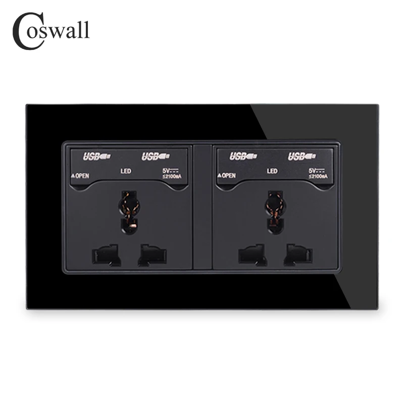 COSWALL 2 комплекта 13A универсальная настенная розетка+ 4 USB порта для зарядки с светодиодный индикатором панель из закаленного стекла с пыленепроницаемой крышкой