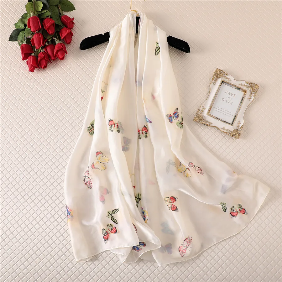

New Fresh Butterfly Print Silk Scarf Women Satin Silk Scarf Decoration Sunscreen Shawl Large Scarf