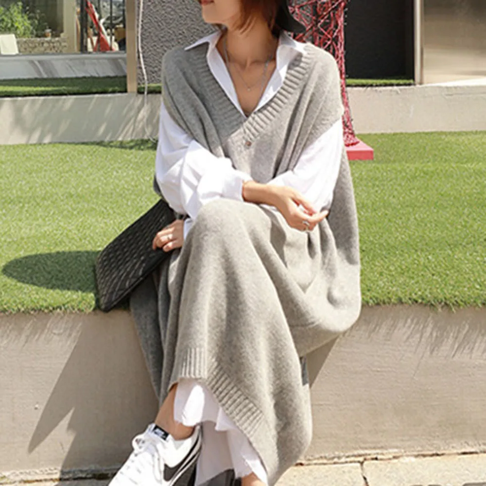 

Women Casual Loose Pullover Sweater Dress Long Straight Pullover Sleeveless Preppy Lady Simple Fashion Female Autumn Dresses