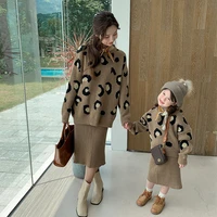 new fashion winter family matching outfit wool sweaterwool knitted skirt 2pcs set plush coat mommy and me clothes familu look