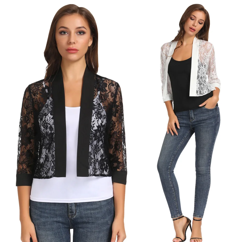 Женский летний Повседневный Кардиган 3/4 рукав Открытый спереди кружево ковер