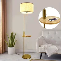 Modern Gold LED Floor Lamp with Wooden Storage Shelf,Builted-in USB Port Standing Reading Lamp, Eye-Caring LED Floor Pole Light