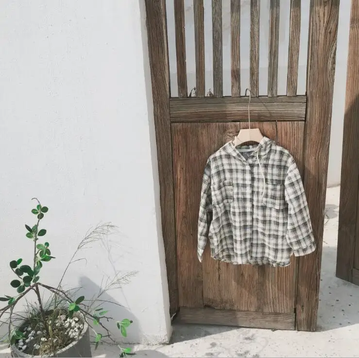 New Girls Boys Plaid Shirt Cotton Full Sleeve Autumn Fashion Kids Hooded Top 2-7t PZ586