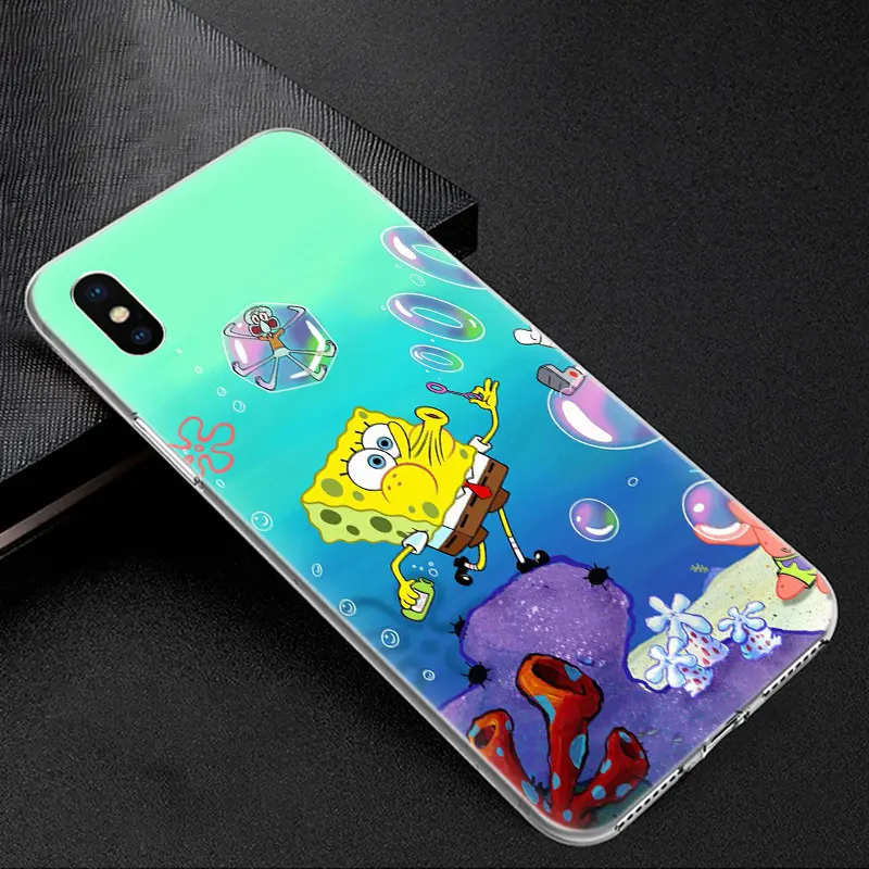 Милый мягкий силиконовый прозрачный чехол с губкой Бобом для Apple iPhone 11 Pro XS Max X XR 6 6s 7 8 Plus 5 5S SE Модный чехол