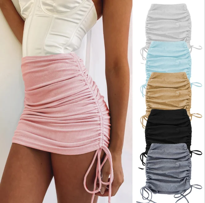 

2021 Spring Autumn Women's Knitting Thread Side Drawstring Elastic Pleated Skirt Sexy Slim Adjustable Buttock Skirt Girl Pink