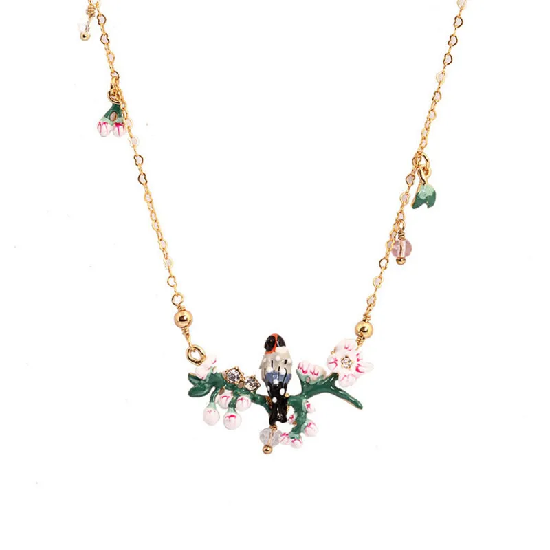 

European and American New Fashion Personality Enamel Glaze Romantic Pink Flower Bird Multi Pendant Necklace Clavicle Chain