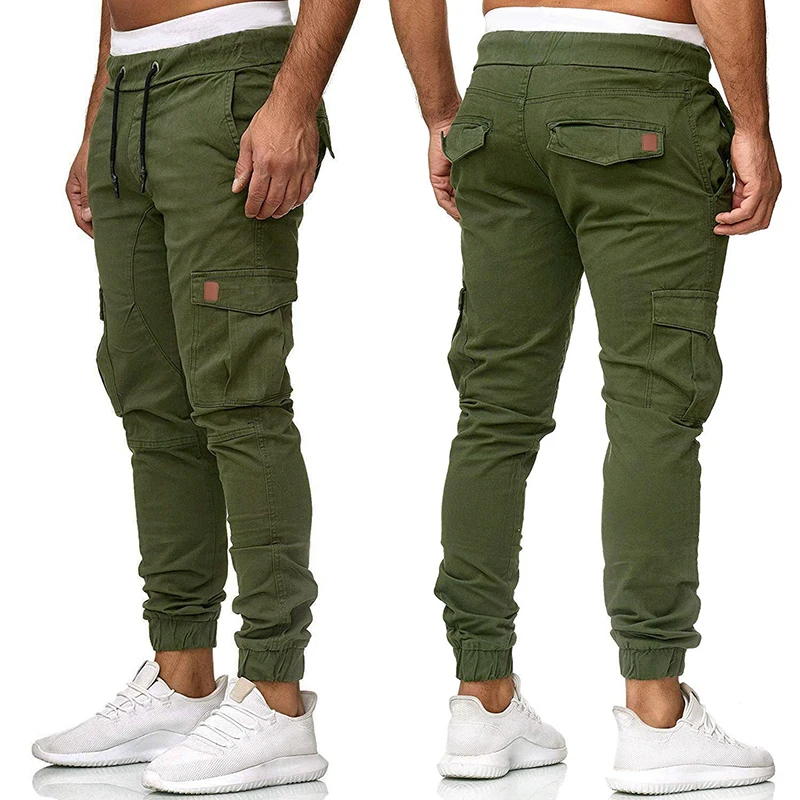 

Cargo Pants Men Skinny Jeans Trousers Elastic Waist Drawstring Grey Men Pants Fashion Streetwear Flap Pockets Casual Pants 2021