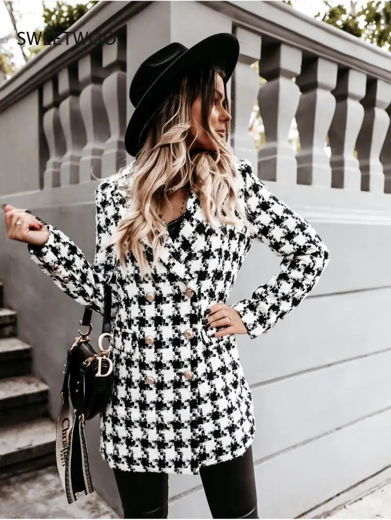 

2021 European and American New Winter Long-Sleeved Suit Collar Double-Breasted Woolen Plaid Houndstooth Coat Coat