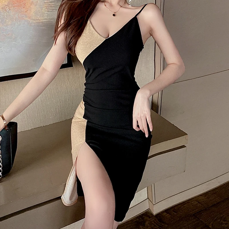 

Women Sexy V-neck Low-cut Party Bicolor Dress 2021 Summer Fashion Off Shoulder Club Y2K Clothes Spaghetti Strap Bodycon Dresses