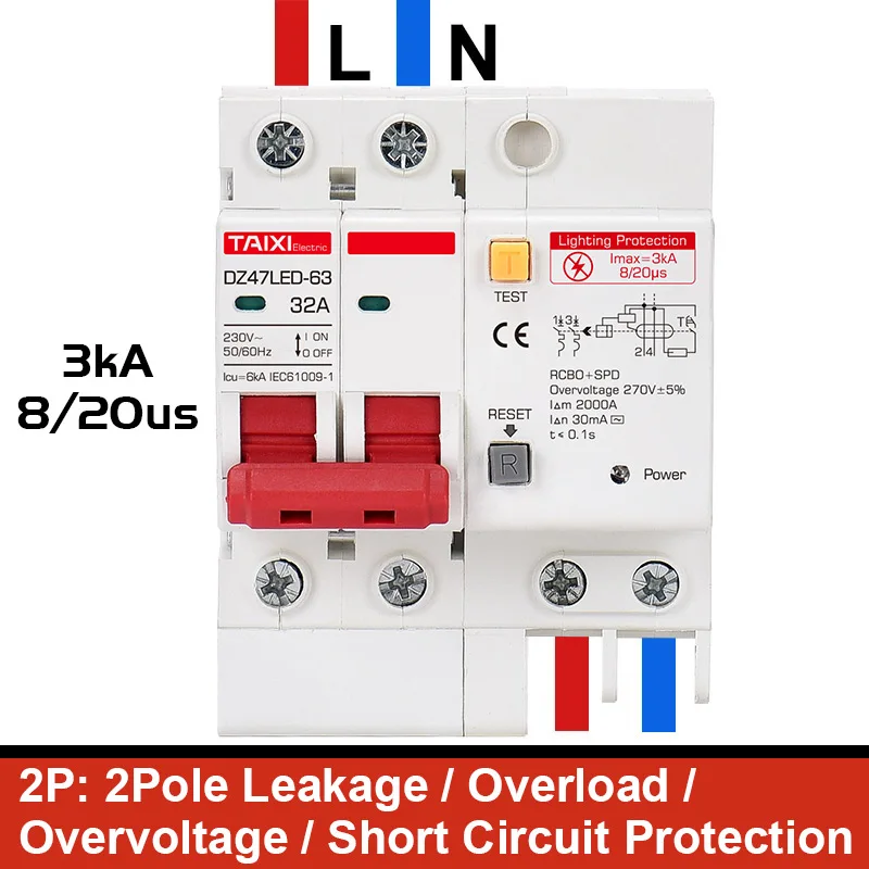 Автоматический выключатель остаточного тока RCBO 16 А ELCB с SPD-защитой от вспышки