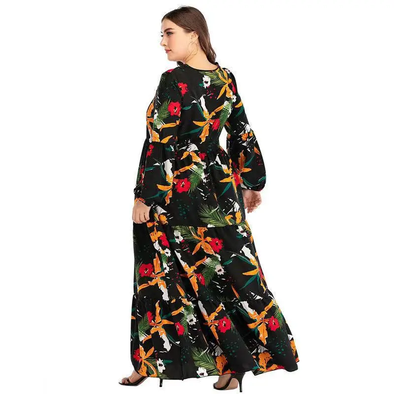 

Large size printed dress round neck lantern sleeve stitching loose dress