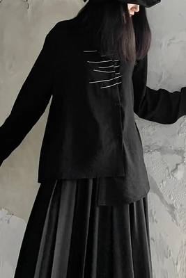 

Spring And Autumn New Long Sleeve Shirt Loose Casual Women's Asymmetric Long Sleeve White Line Embroidered Shirt