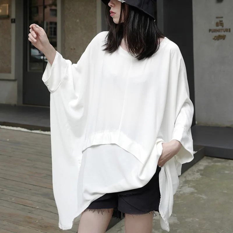 

LANMREM Women New T-shirt Round Neck Batwing Sleeve Irregular Lage Size Black Series Loose Fit Fashion Tide Summer 2021 2P2149