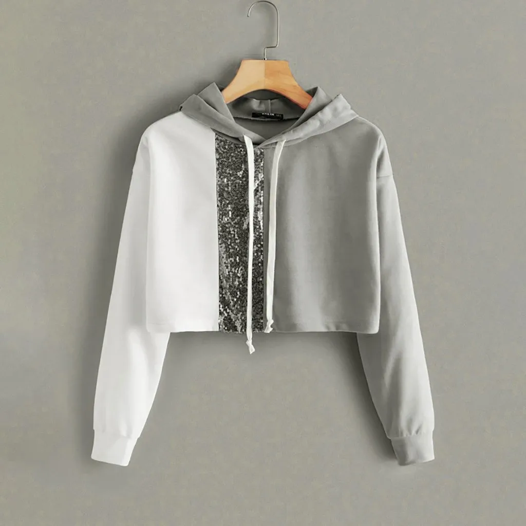Худи женское укороченное с блестками лоскутное худи длинным рукавом короткий