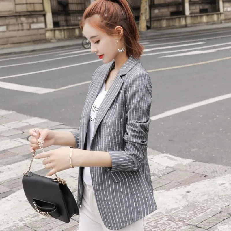 Elegant Womens Single Button Notched Collar Striped Blazer Korean Vintage Fashion Casual Slim Fit Plus Size Female Suit Coats | Женская
