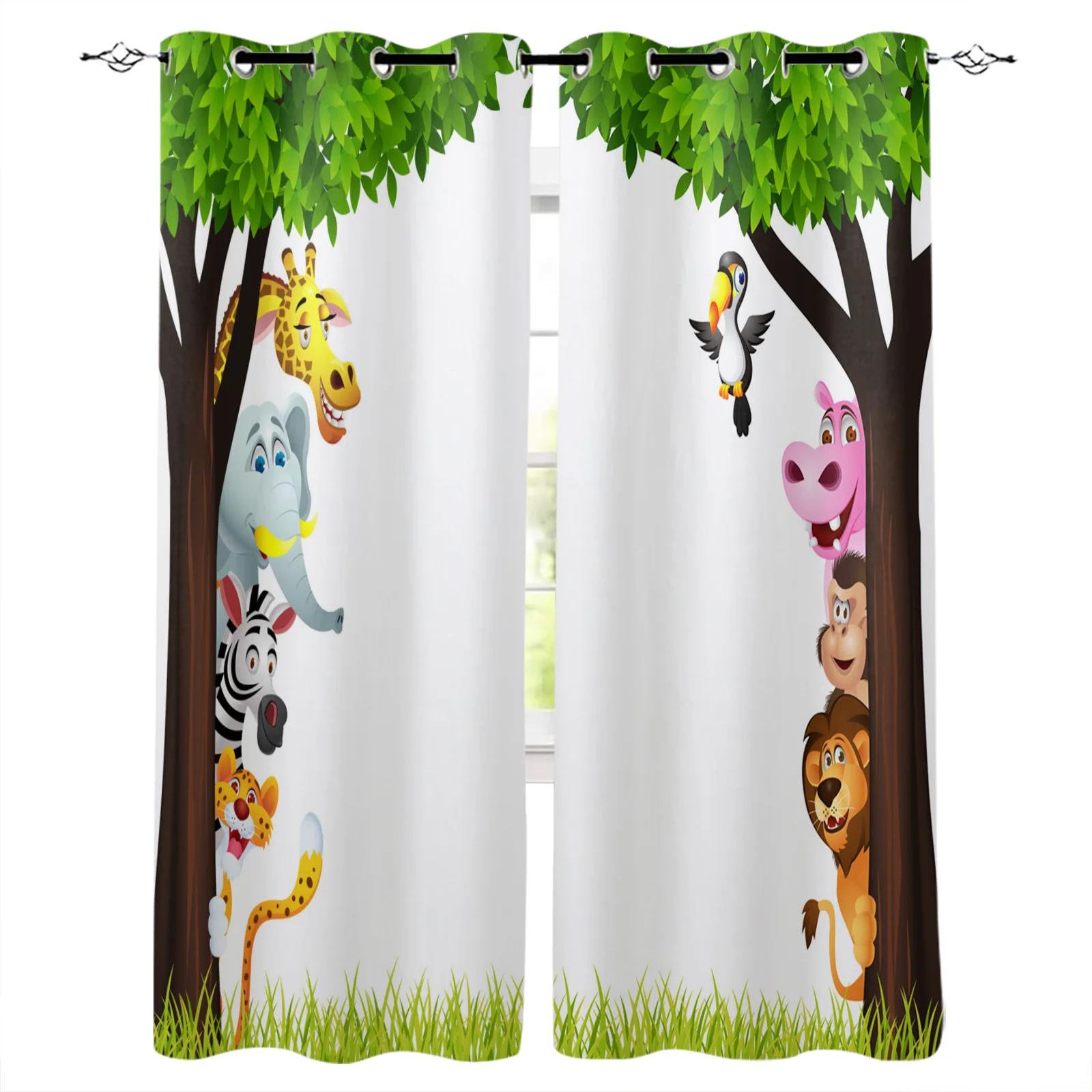 

Jungle Forest Cartoon Animal Lion Elephant Giraffe Zebra Tiger Bird Monkey Blackout Curtains Bedroom Living Room Kids Curtains