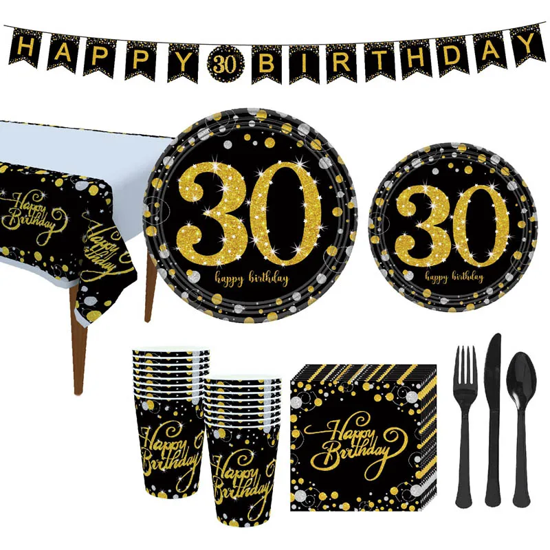 

Happy Birthday Black Gold Disposable Tableware 18 21 30 50 60 Years Old Adult Birthday Party Decoration Paper Plate Cup Supplies
