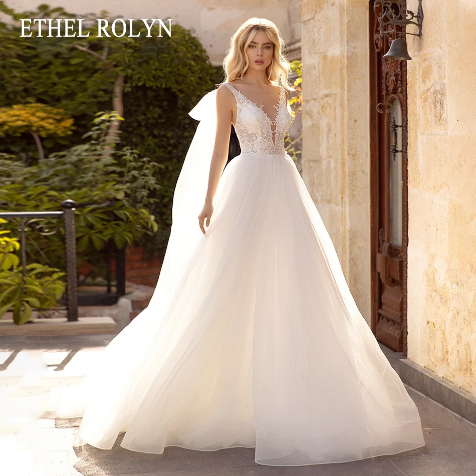 

Женское ТРАПЕЦИЕВИДНОЕ свадебное платье ETHEL ROLYN, с V-образным вырезом, бусинами, аппликацией, открытой спиной и бантом на тонких бретелях, 2023