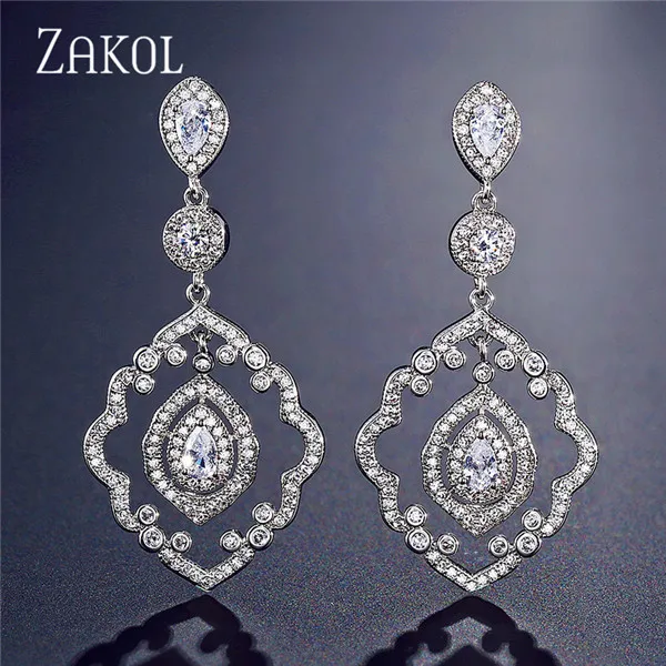 ZAKOL новые винтажные большие блестящие серьги-капли с фианитами для женщин, роскошные свадебные украшения, большие серьги FSEP2217 - Окраска металла: Sliver Color