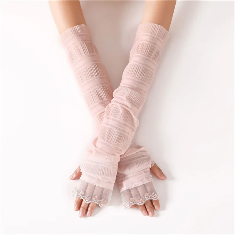 Sparsil Ladies Summer Lace Solid Long Gloves Thin Breathable Sunscreen Driving Sleeve Mittens Elegant Fingerless Female Gloves - Цвет: Pink
