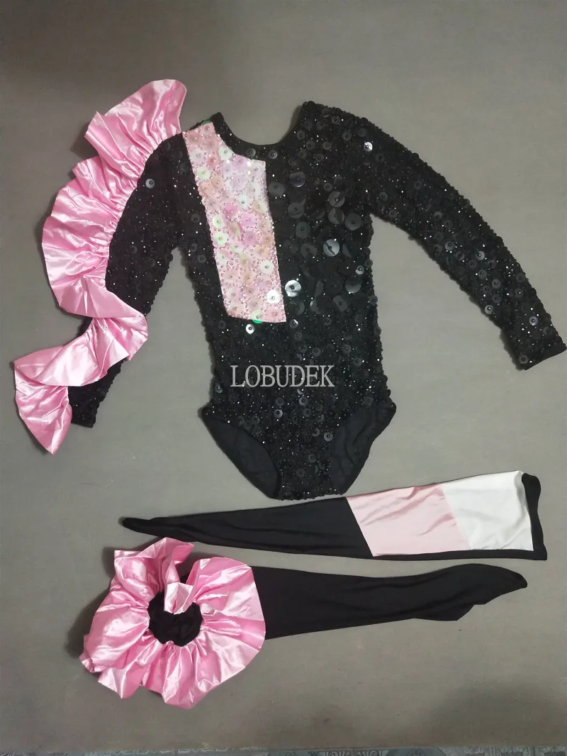 

Adult Jazz Dance Costume Black Pink Rhinestones Bodysuit+Stocking Outfit Women Dancer Team Stage Wear Sexy Performance Clothes