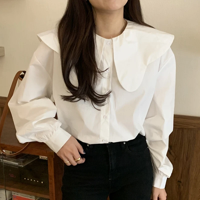 

ZAWAHIKI Blusas Mujer Korean Preppy Solid Turn-down Collar Women Blouse 2021 Spring Lantern Sleeve Single Breasted Shirts