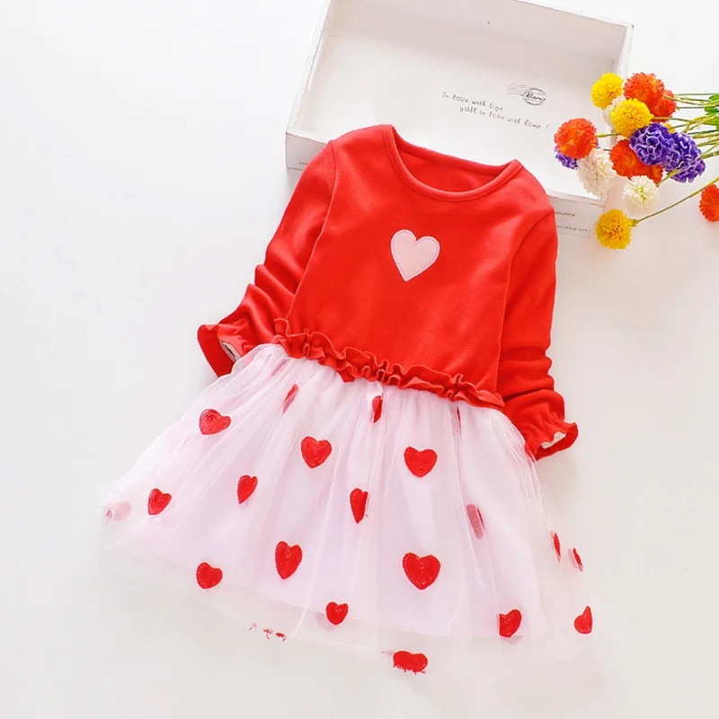 Kids Girl Dress 2019 New 1-8 Years Baby Girls Heart Print Long Sleeve Sweet Cotton Comfortable Toddler Mesh Dresses | Детская одежда и