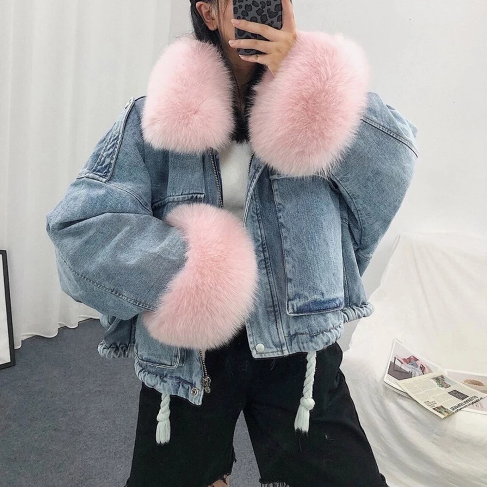 

Cozy Warm Collar Korean Locomotive Wool Liner Collar Coats Mujer Snow Storm Short Removeable Women's Denim Jean Jackets With Fur