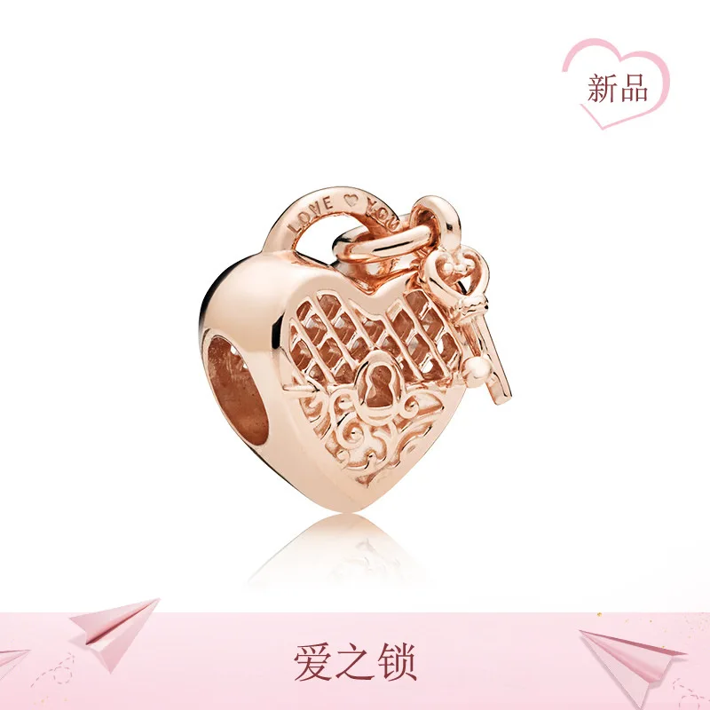 

100% S925 Sterling Silver Charm Openwork Heart Love Lock Key charm Beads Fit Original Pan Diy Bracelet Bangles Jewelry Gift