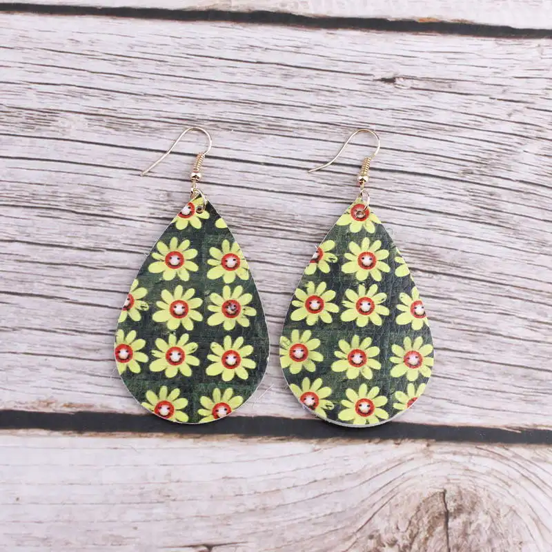 

ZWPON Colorful Sunflower Print Leather Teardrop Earring for Women Fashion Spring Floral Leather Earrings Jewelry Wholesale E6892