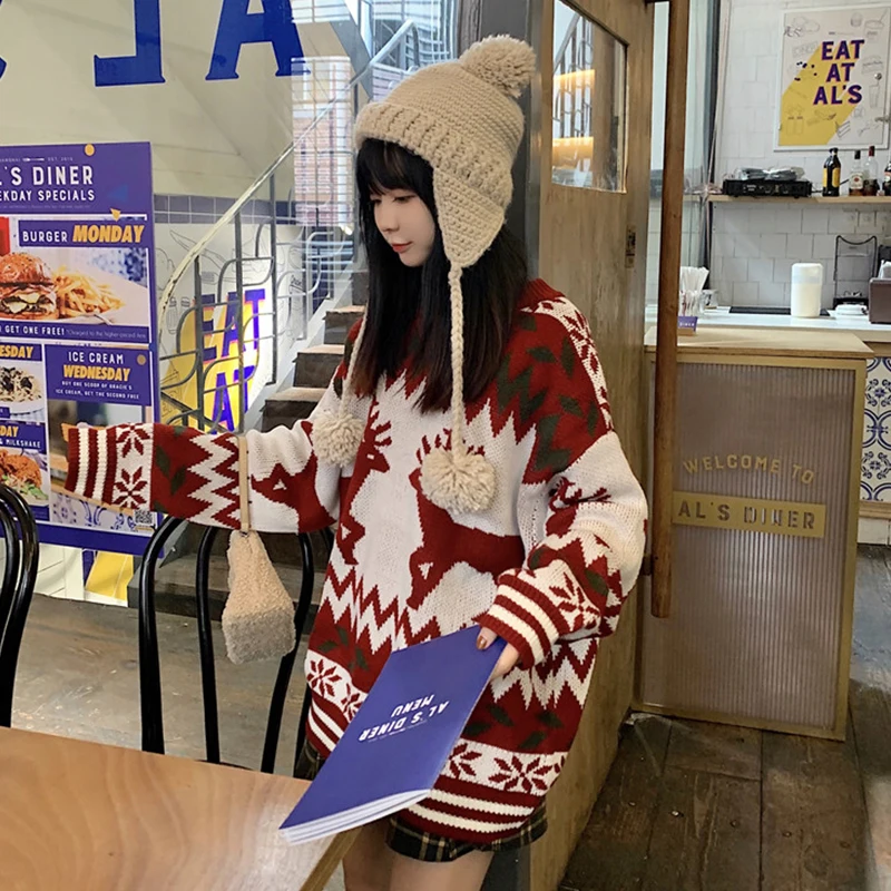 Preppy Style Winter Pullover Female Knitted Sweater with Deers for Women O-neck Sweaters Tops Mujer Jumper | Женская одежда