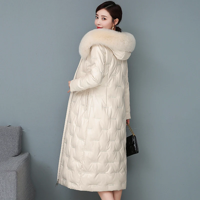 New Women Leather Down Jacket Autumn Winter 2022 Fashion Real Fox Fur Collar Hooded Embroidery Slim Long Sheepskin Down Coat