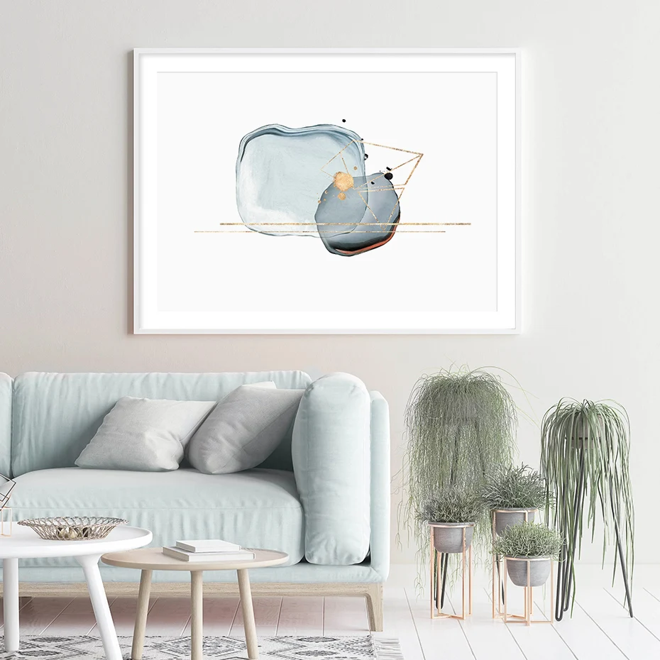 

Modern Abstract Blue Drawn Sketch Canvas Painting Minimalist Gold Line Poster Print Wall Art Pictures for Living Room Home Decor