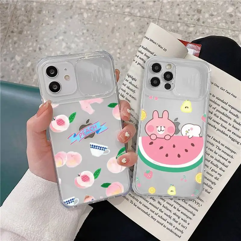 

Cartoon fruit peach animal rabbit PhoneCase transparent For iPhone 7 8 11 12 X XS XR MINI Pro Max Plus Slide Camera Lens Protect